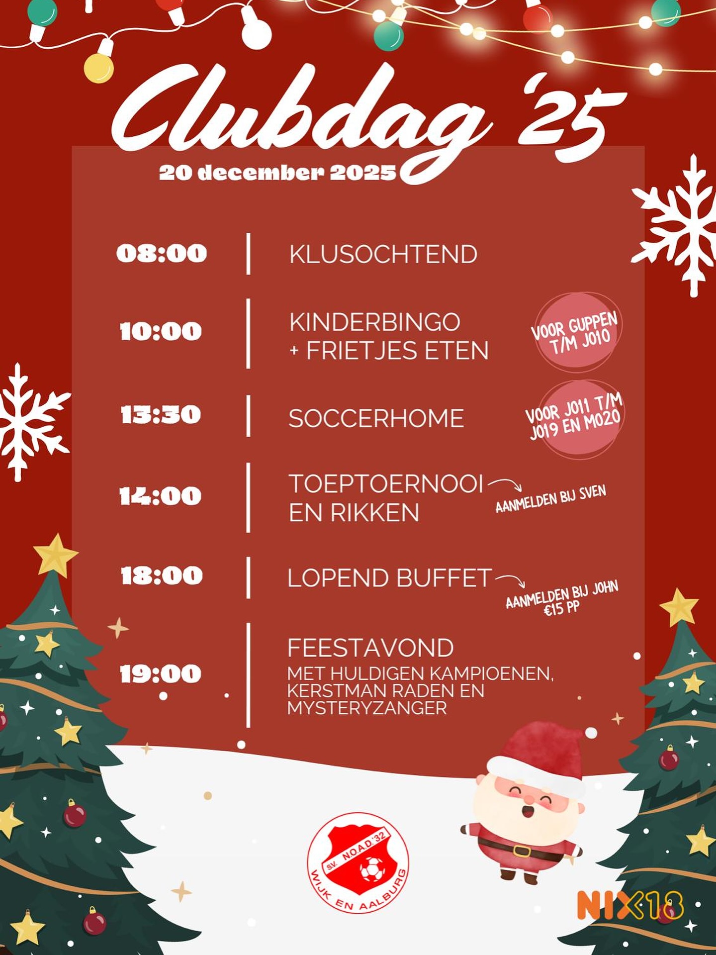Zaterdag 20 december, Clubdag 2025 bij NOAD'32