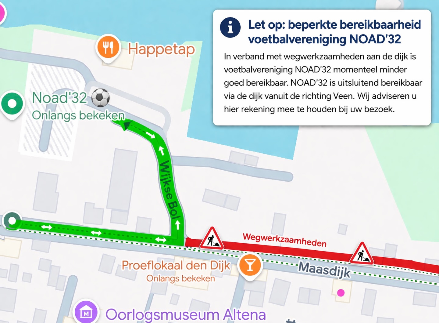 Let op: beperkte bereikbaarheid voetbalvereniging NOAD’32